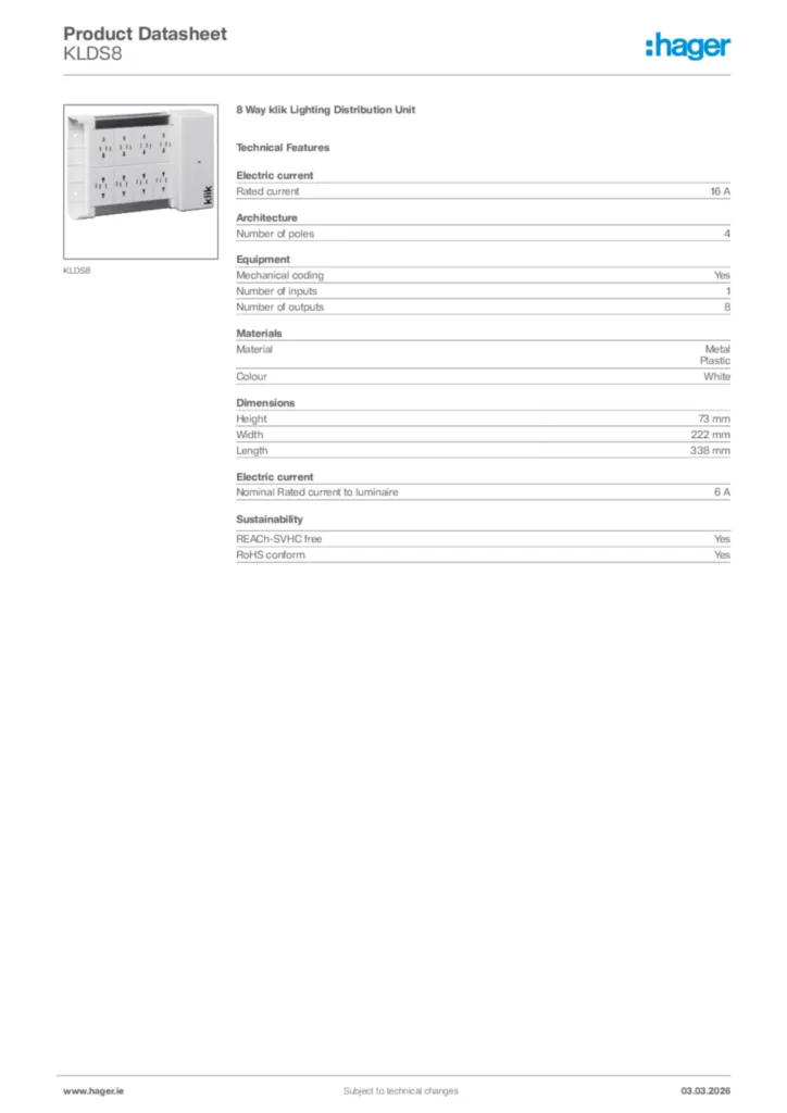 Image Hager Product data sheet KLDS8  | Hager