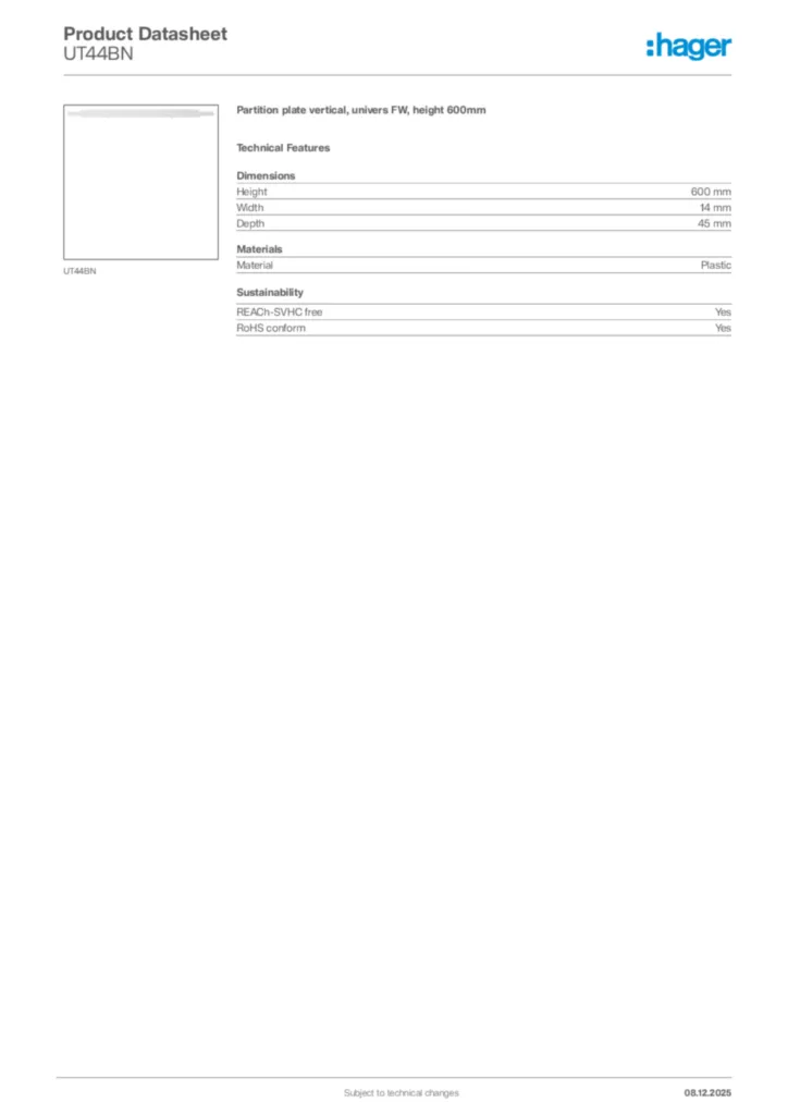 Image Hager Product data sheet UT44BN  | Hager Africa