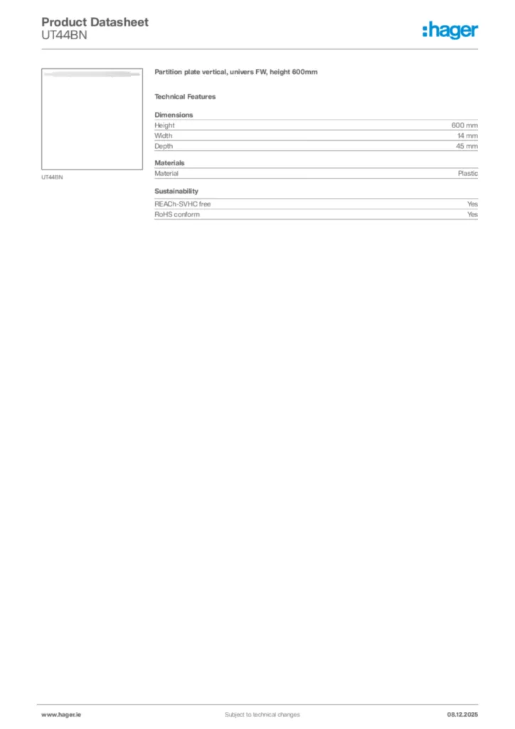 Image Hager Product data sheet UT44BN  | Hager