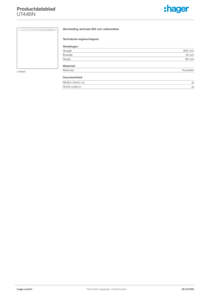 Afbeelding Hager Productdatablad UT44BN | Hager Nederland