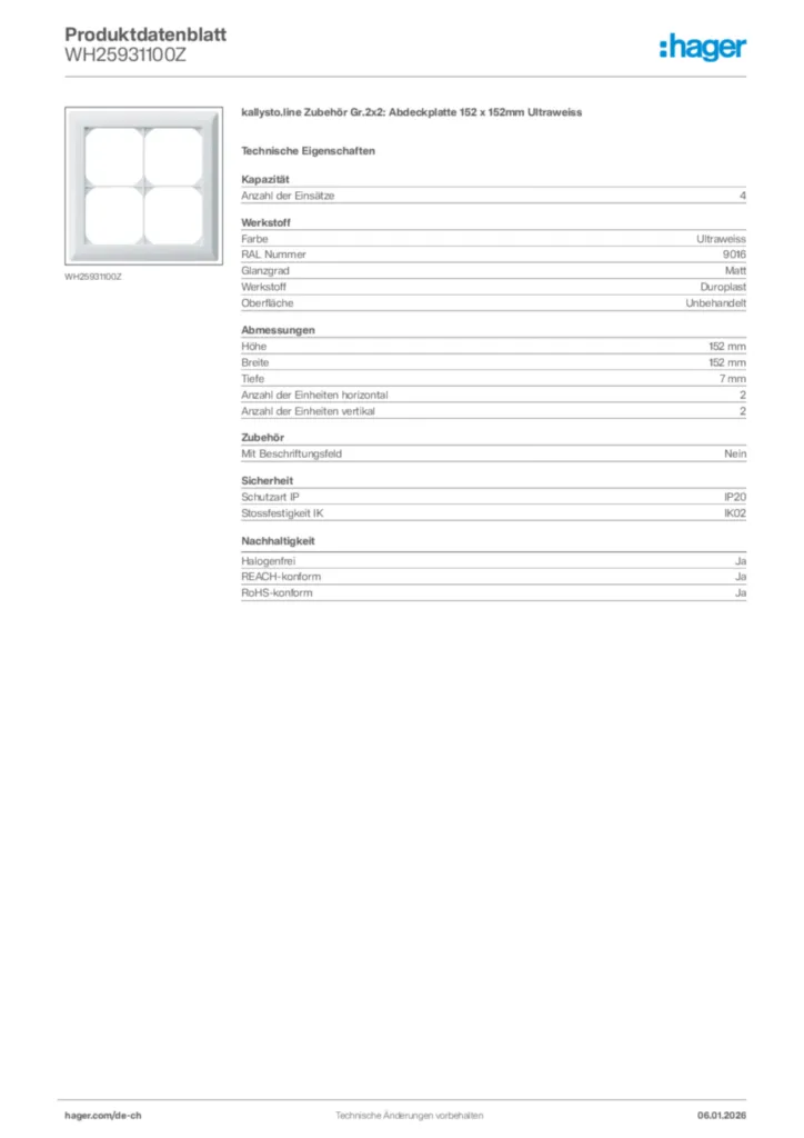 Bild Hager Produktdatenblatt WH25931100Z | Hager Schweiz