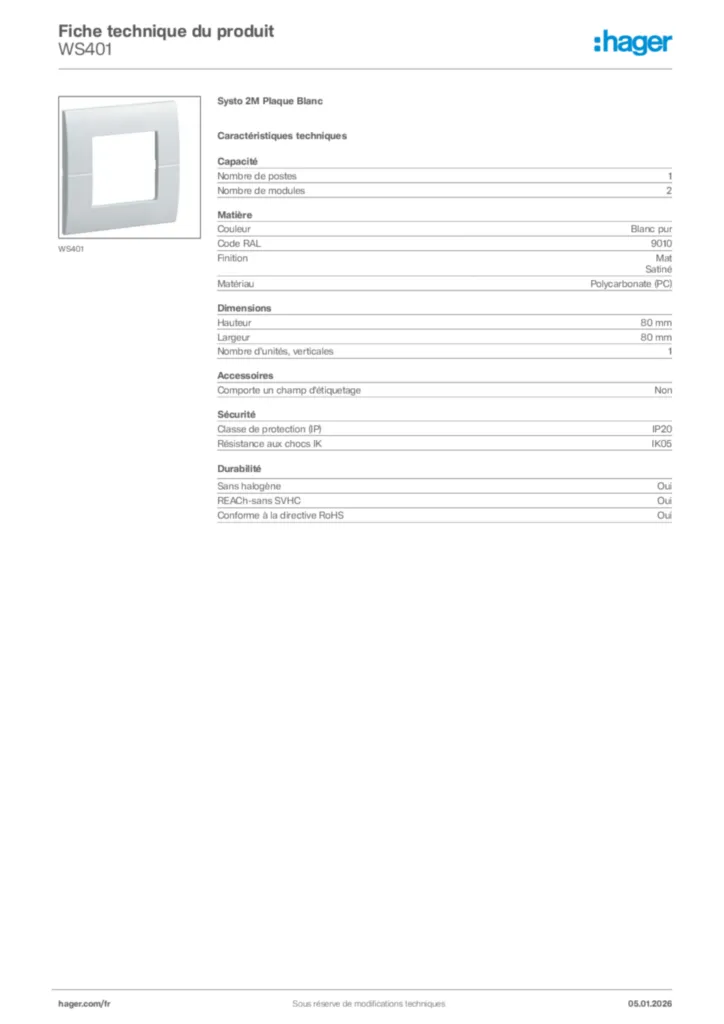 Image Hager Fiche technique du produit WS401 | Hager France