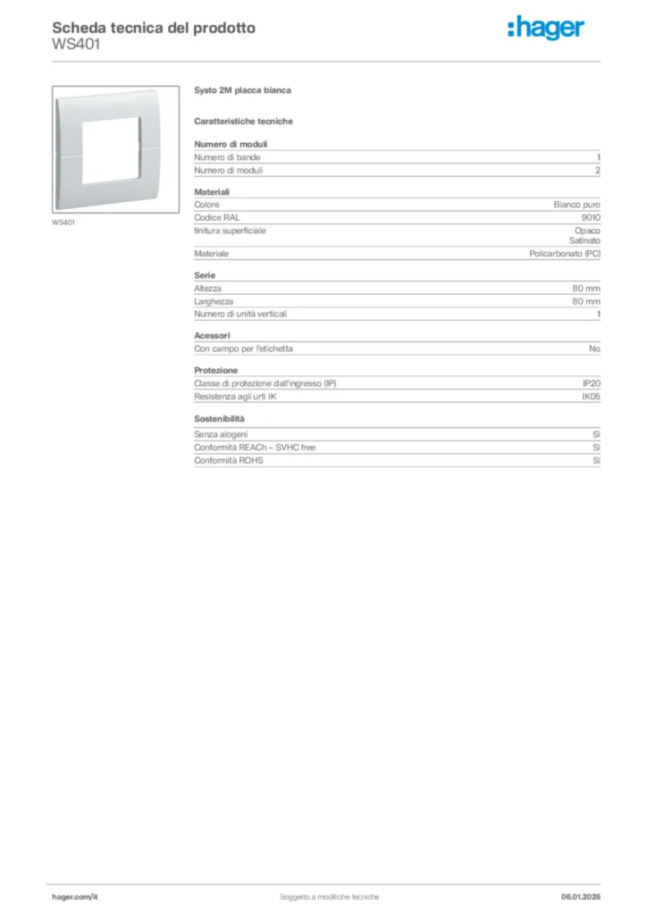 Immagine Hager Scheda tecnica del prodotto WS401 | Hager Italia