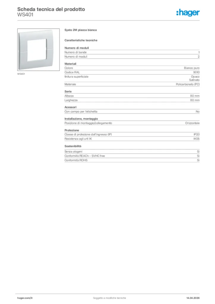 Immagine Hager Scheda tecnica del prodotto WS401 | Hager Italia