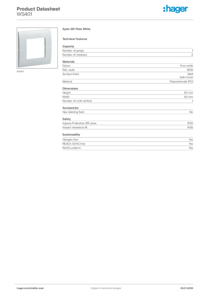 Image Hager Product data sheet WS401  | Hager
