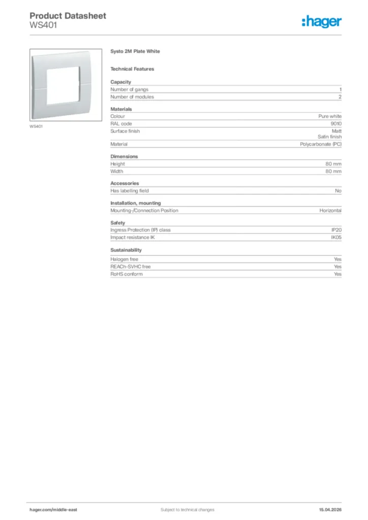 Image Hager Product data sheet WS401  | Hager