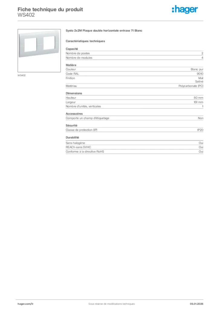 Image Hager Fiche technique du produit WS402 | Hager France