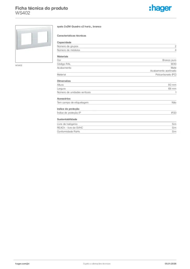 Imagem Hager Ficha técnica do produto WS402 | Hager Portugal