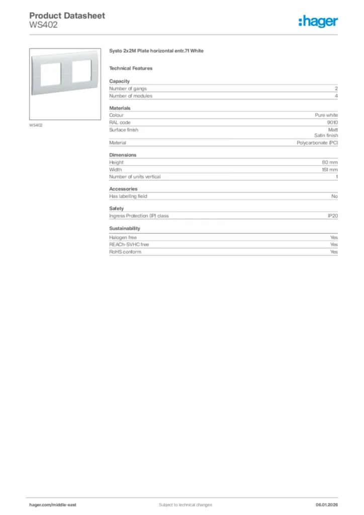 Image Hager Product data sheet WS402  | Hager