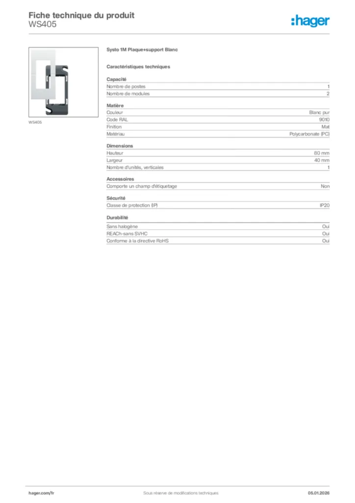 Image Hager Fiche technique du produit WS405 | Hager France