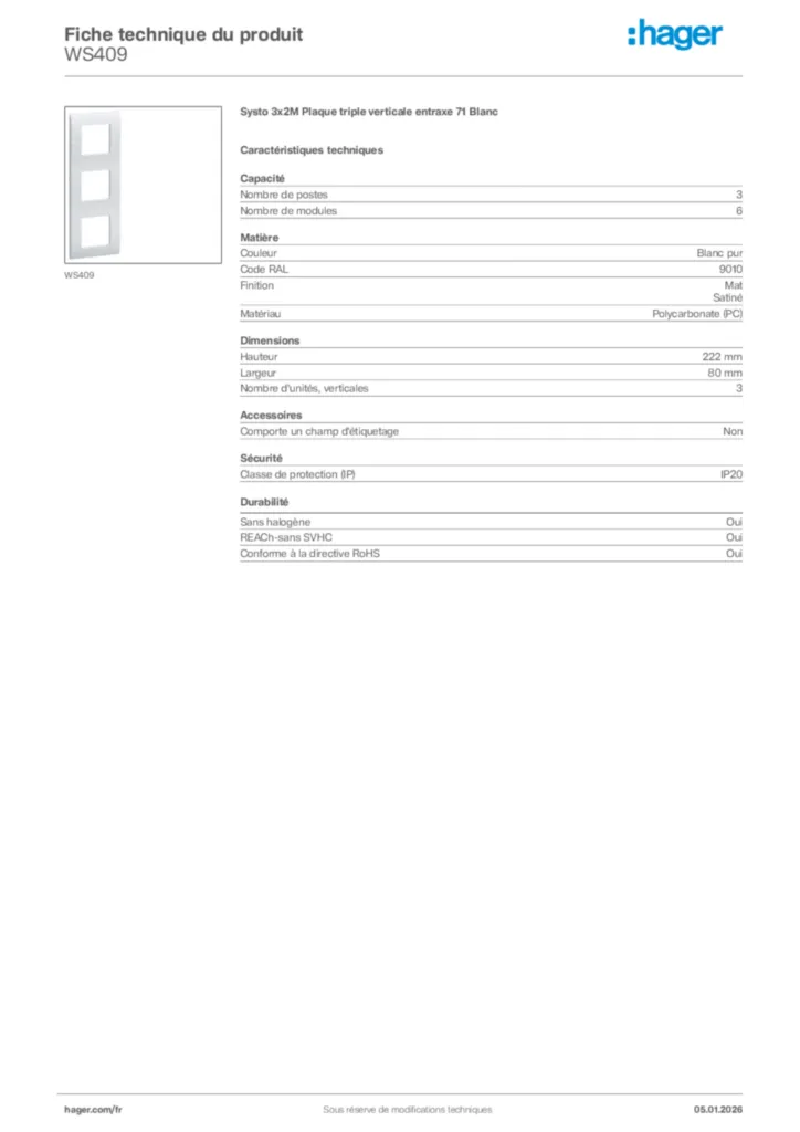 Image Hager Fiche technique du produit WS409 | Hager France