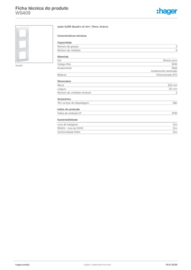 Imagem Hager Ficha técnica do produto WS409 | Hager Portugal