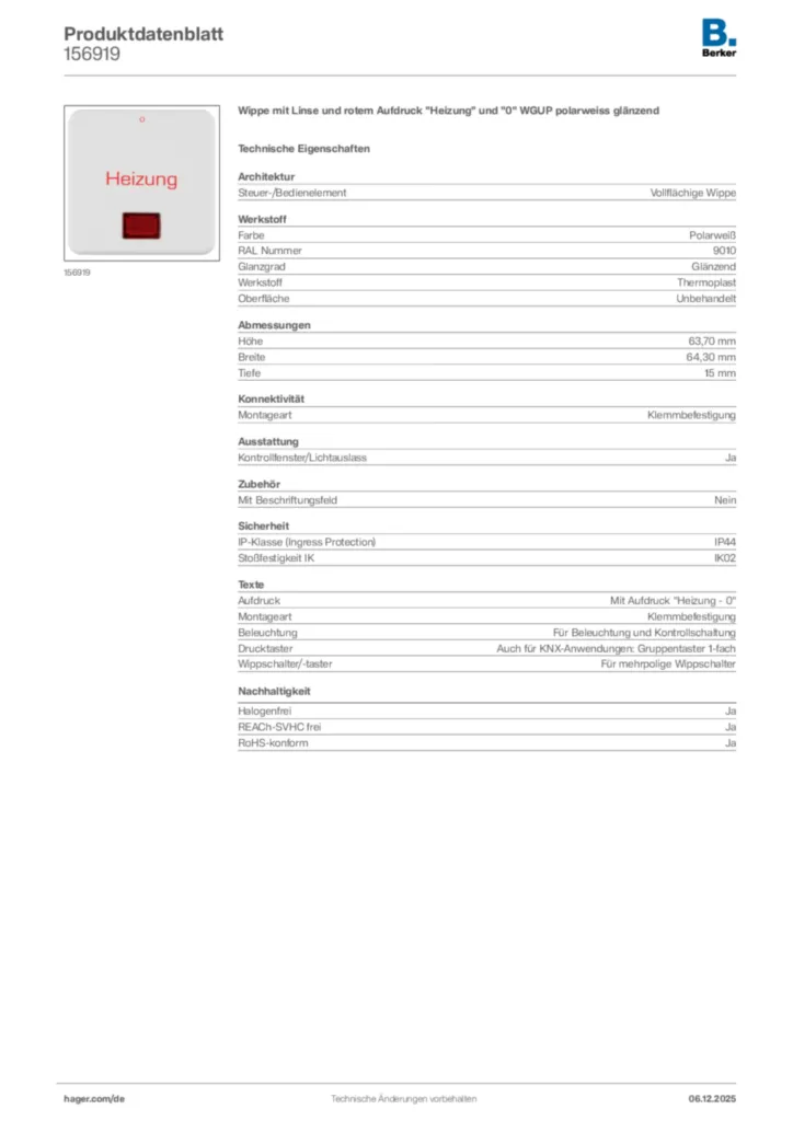 Bild Berker Produktdatenblatt 156919 | Hager Deutschland