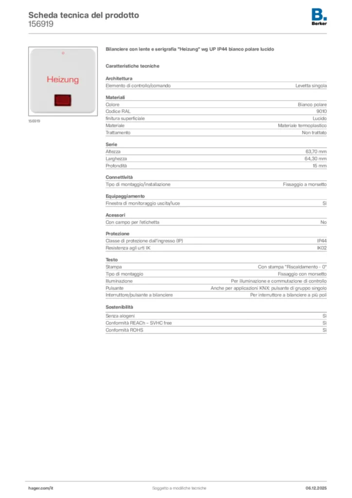 Immagine Berker Scheda tecnica del prodotto 156919 | Hager Italia