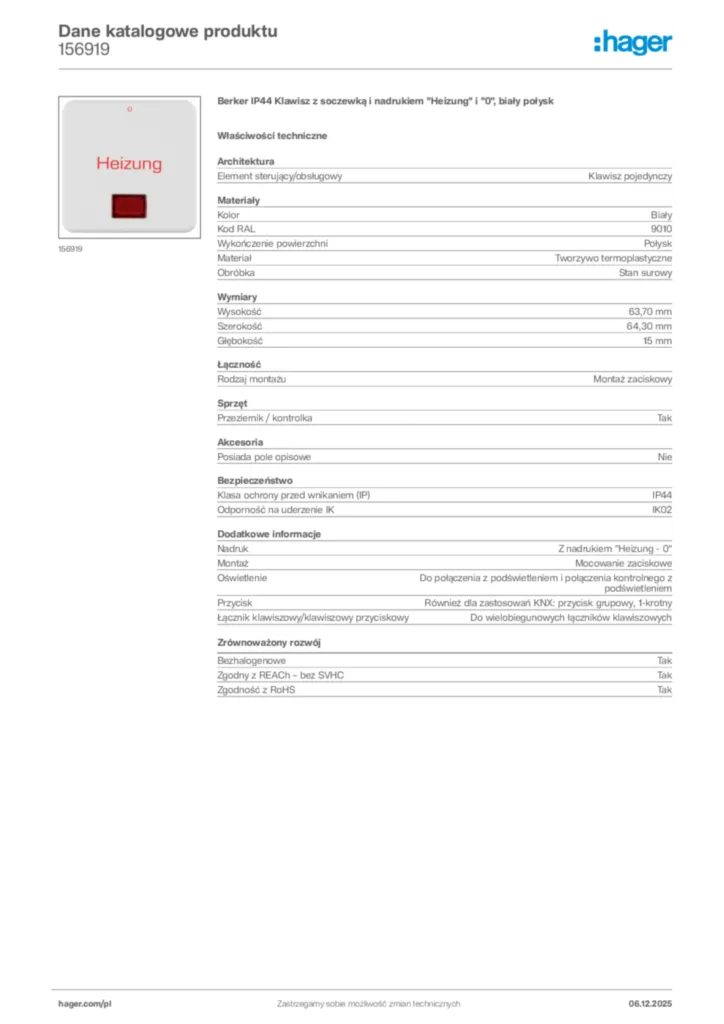 Zdjęcie Hager Karta katalogowa 156919 | Hager Polska