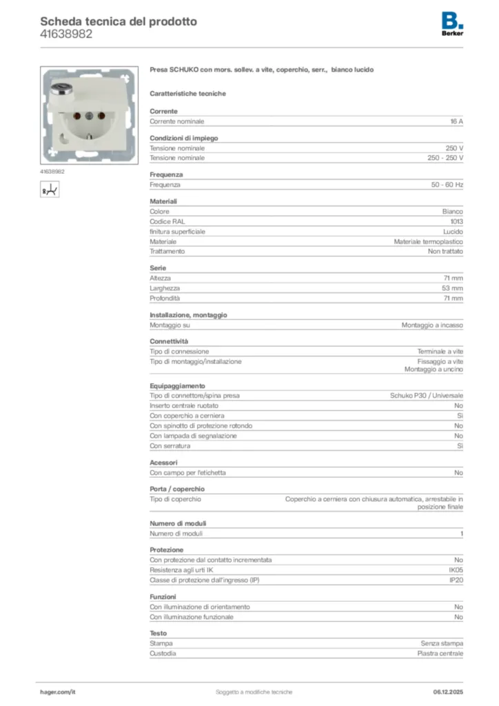 Immagine Berker Scheda tecnica del prodotto 41638982 | Hager Italia