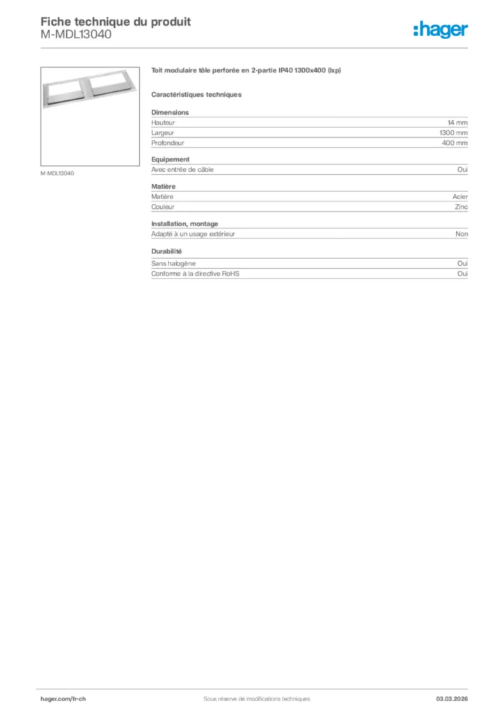 Image Hager Fiche technique du produit M-MDL13040 | Hager Suisse