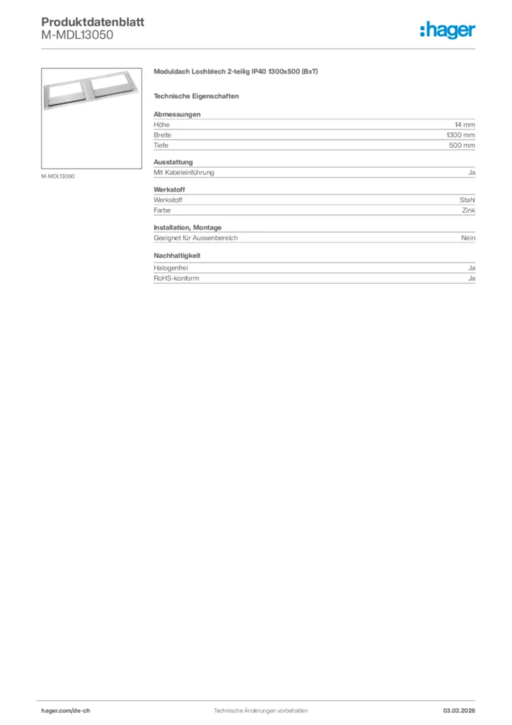 Bild Hager Produktdatenblatt M-MDL13050 | Hager Schweiz