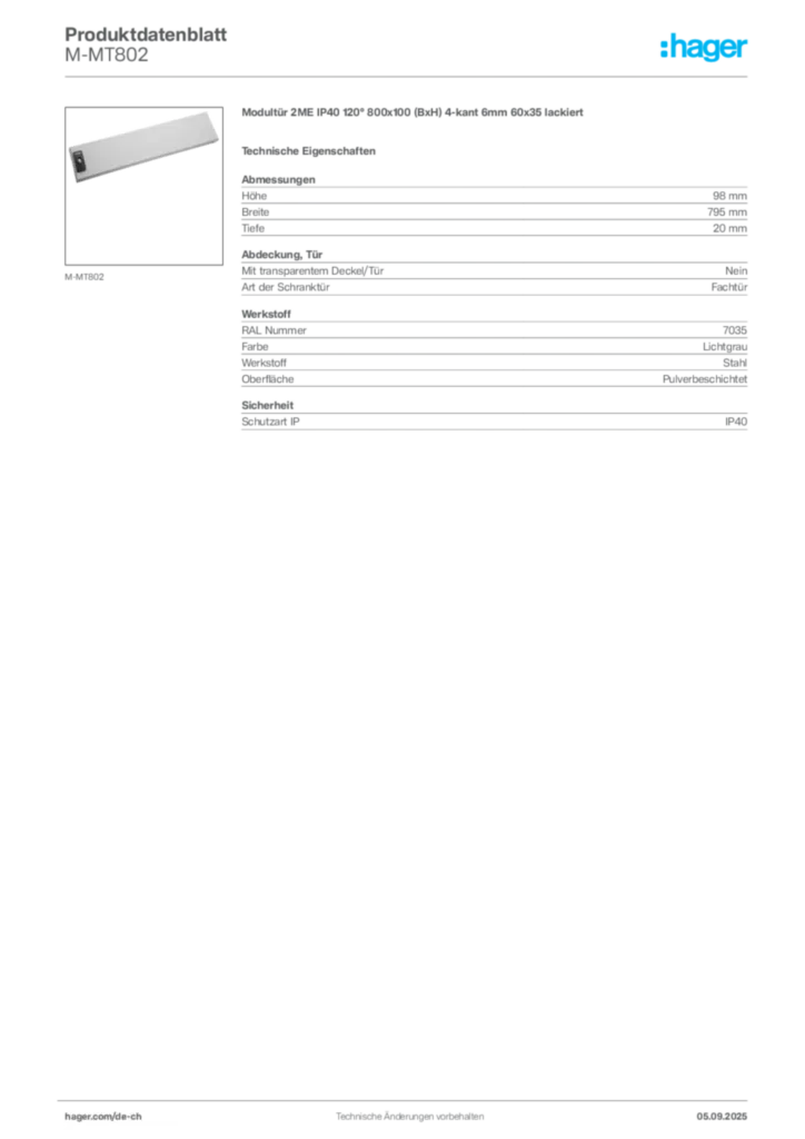 Bild Hager Produktdatenblatt M-MT802 | Hager Schweiz