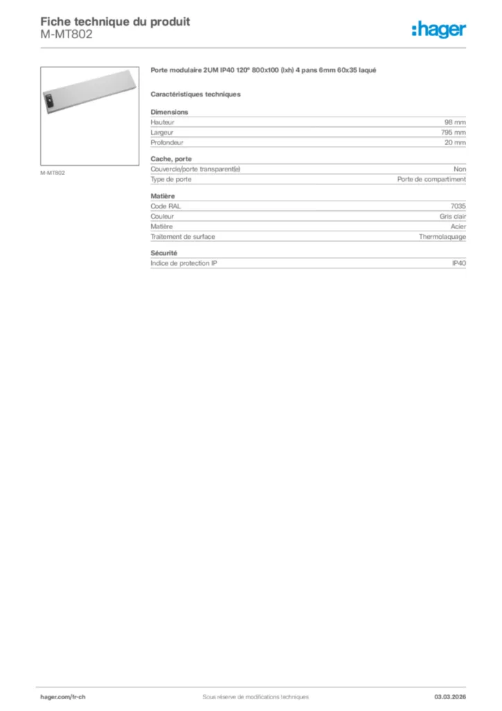 Image Hager Fiche technique du produit M-MT802 | Hager Suisse