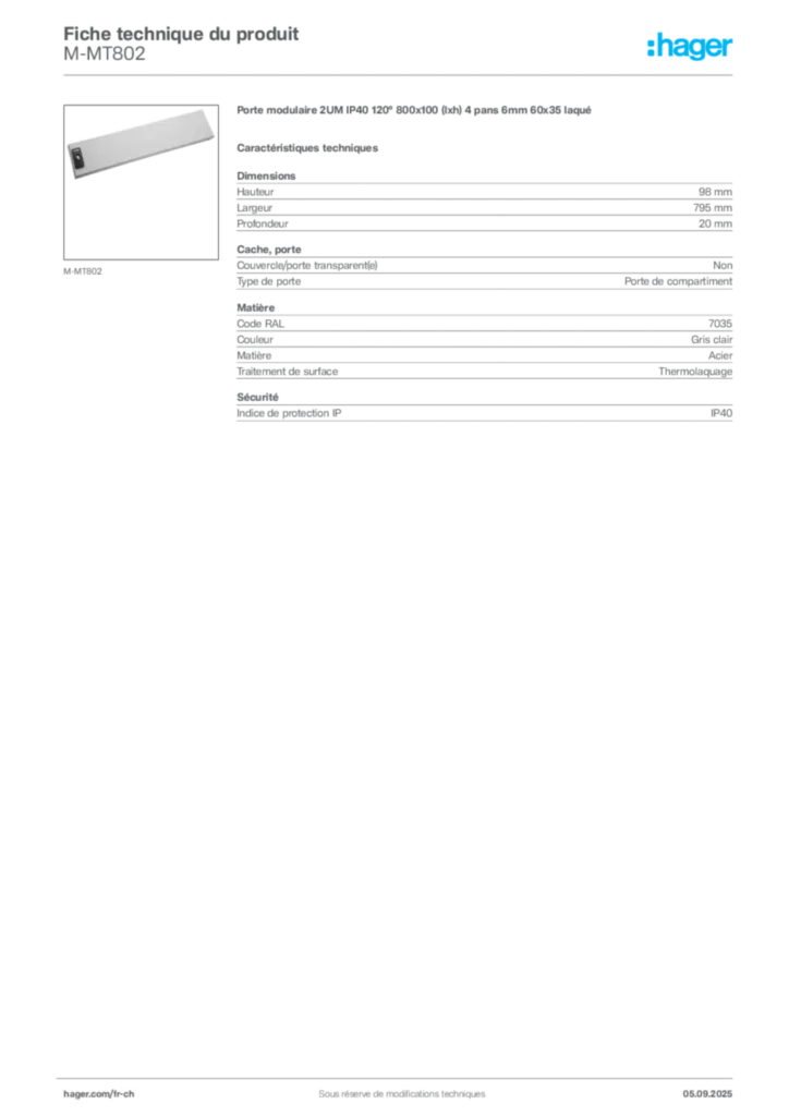 Image Hager Fiche technique du produit M-MT802 | Hager Suisse