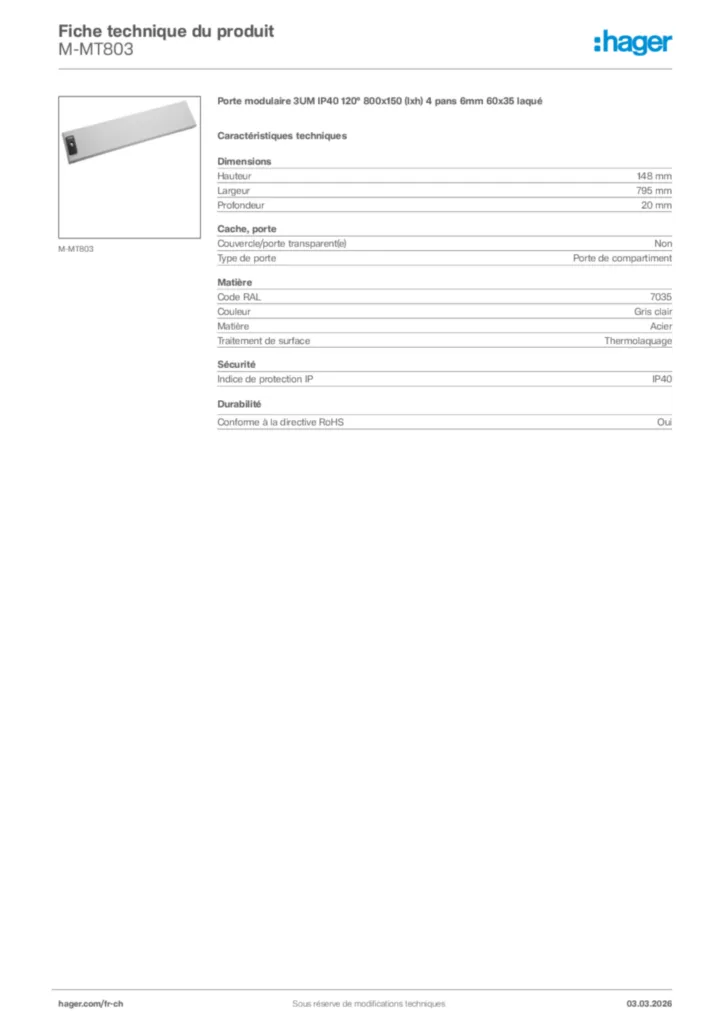 Image Hager Fiche technique du produit M-MT803 | Hager Suisse