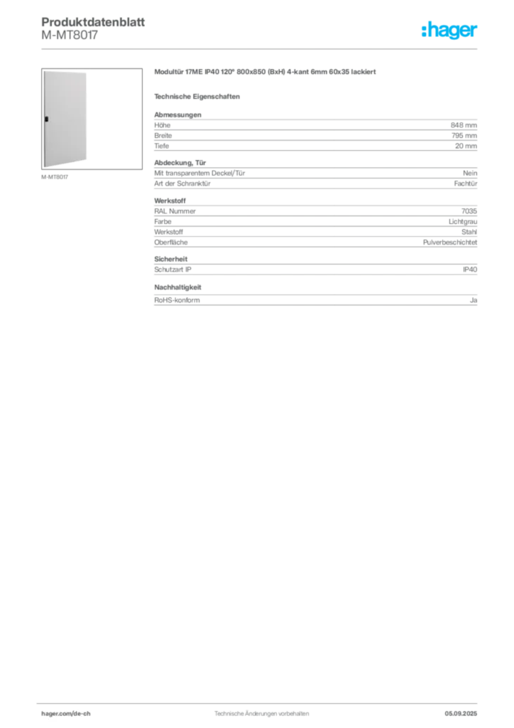 Bild Hager Produktdatenblatt M-MT8017 | Hager Schweiz