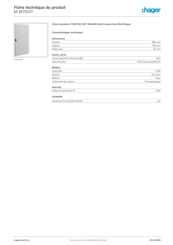 Image Hager Fiche technique du produit M-MT8017 | Hager Suisse