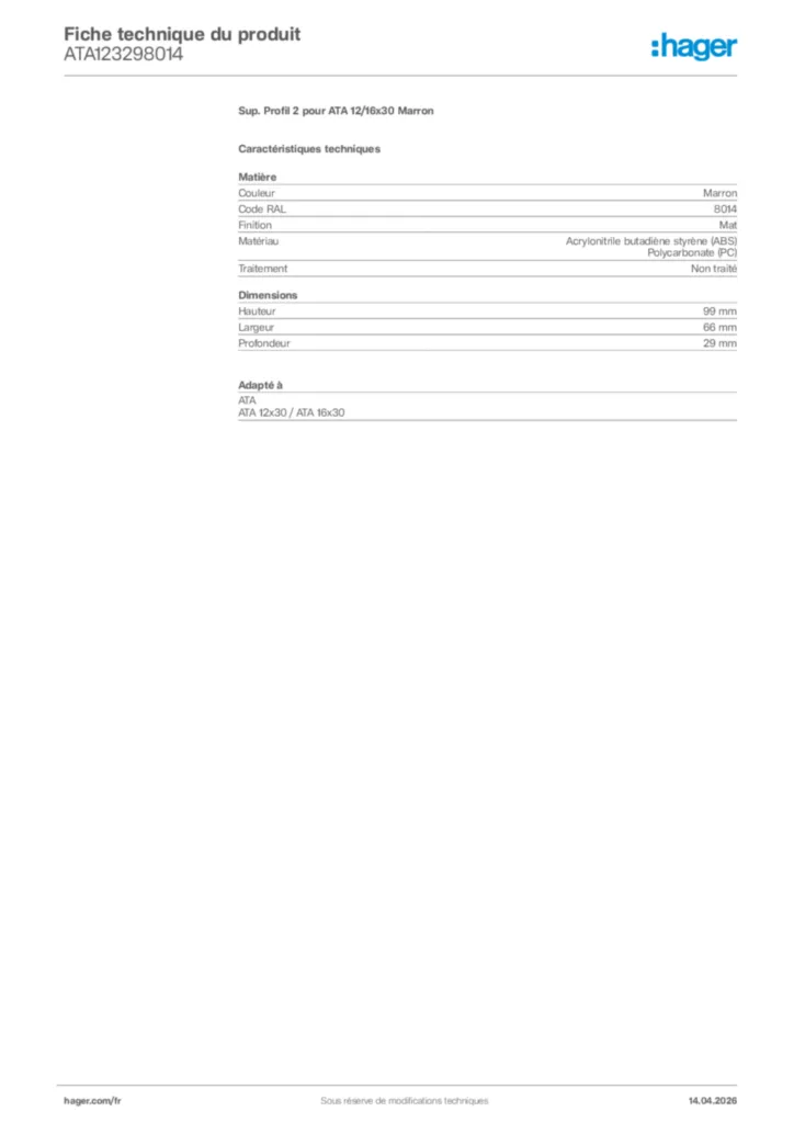 Image Hager Fiche technique du produit ATA123298014 | Hager France