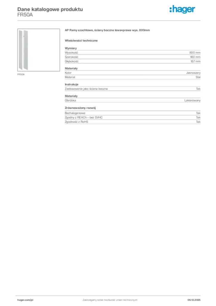 Zdjęcie Hager Dane katalogowe produktu FR50A | Hager Polska