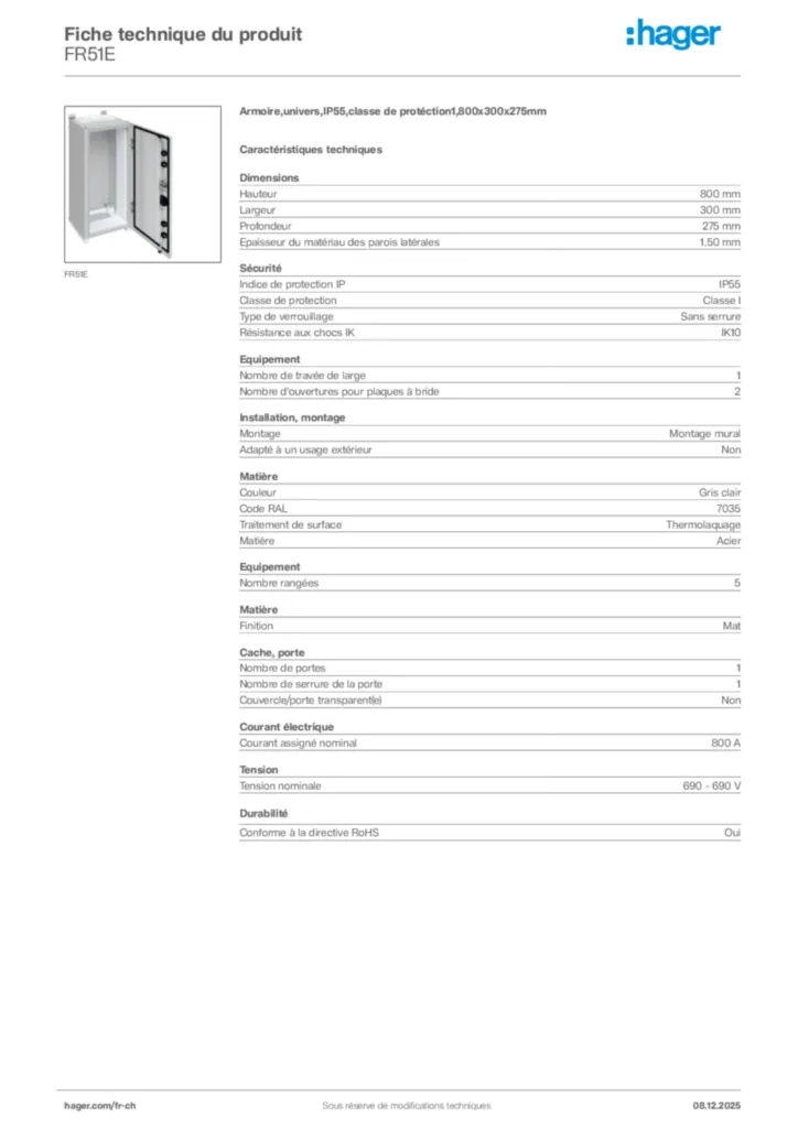 Image Hager Fiche technique du produit FR51E | Hager Suisse