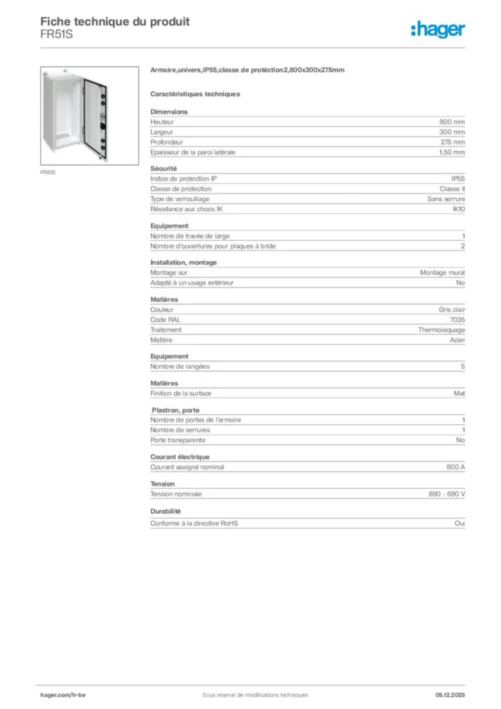Image Hager Fiche technique du produit FR51S | Hager Belgique