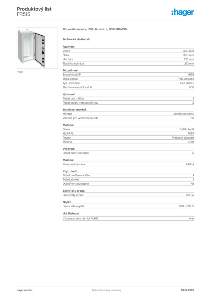 Obrázek Hager Product data sheet FR51S | Hager