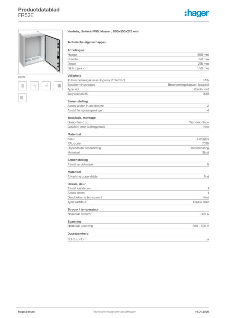 Afbeelding Hager Productdatablad FR52E | Hager Nederland