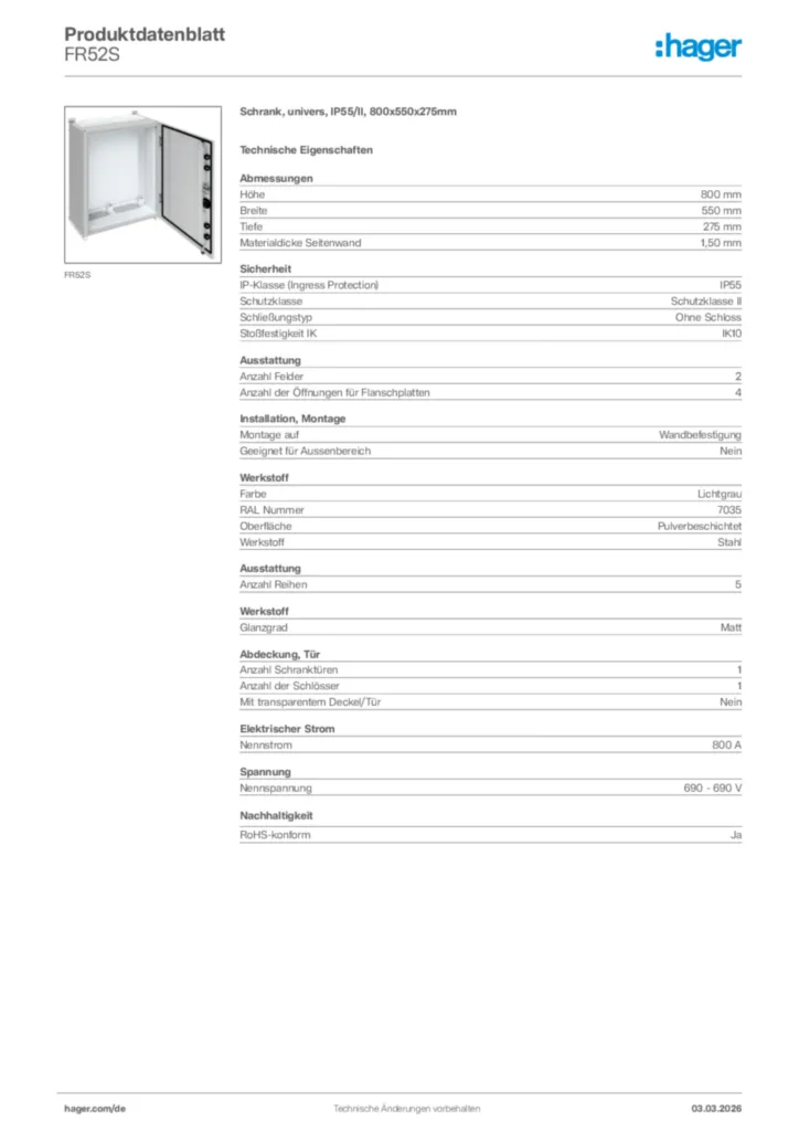 Bild Hager Produktdatenblatt FR52S | Hager Deutschland