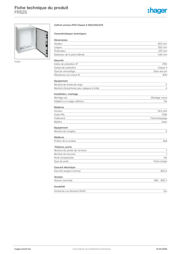 Image Hager Fiche technique du produit FR52S | Hager Belgique