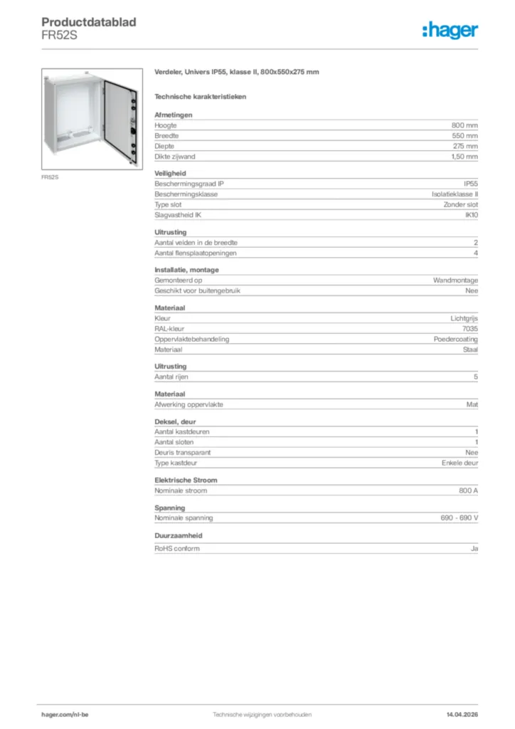 Afbeelding Hager Productdatablad FR52S | Hager Belgium