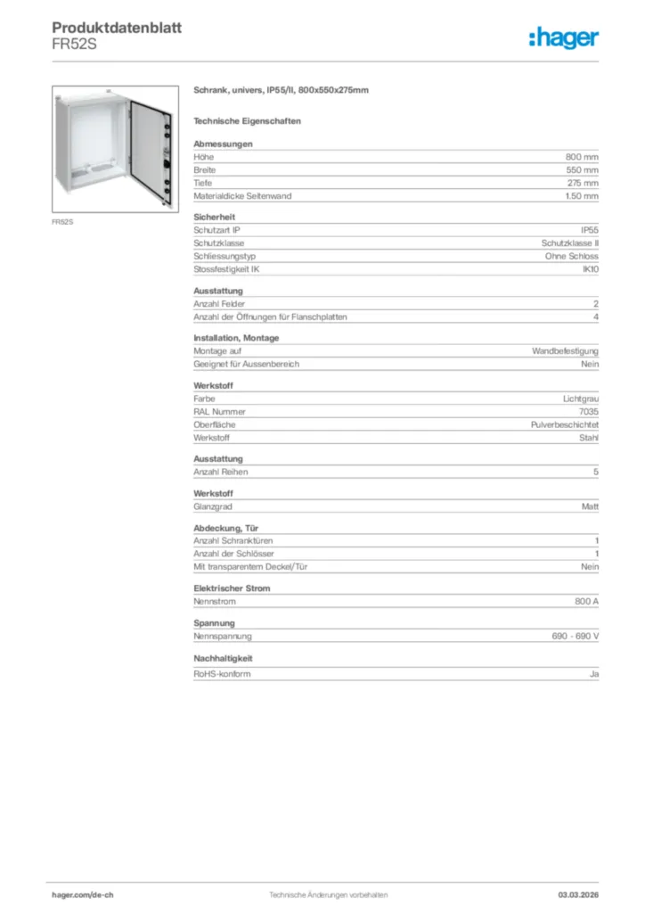 Bild Hager Produktdatenblatt FR52S | Hager Schweiz