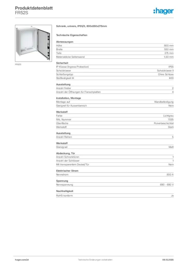 Bild Hager Produktdatenblatt FR52S | Hager Deutschland