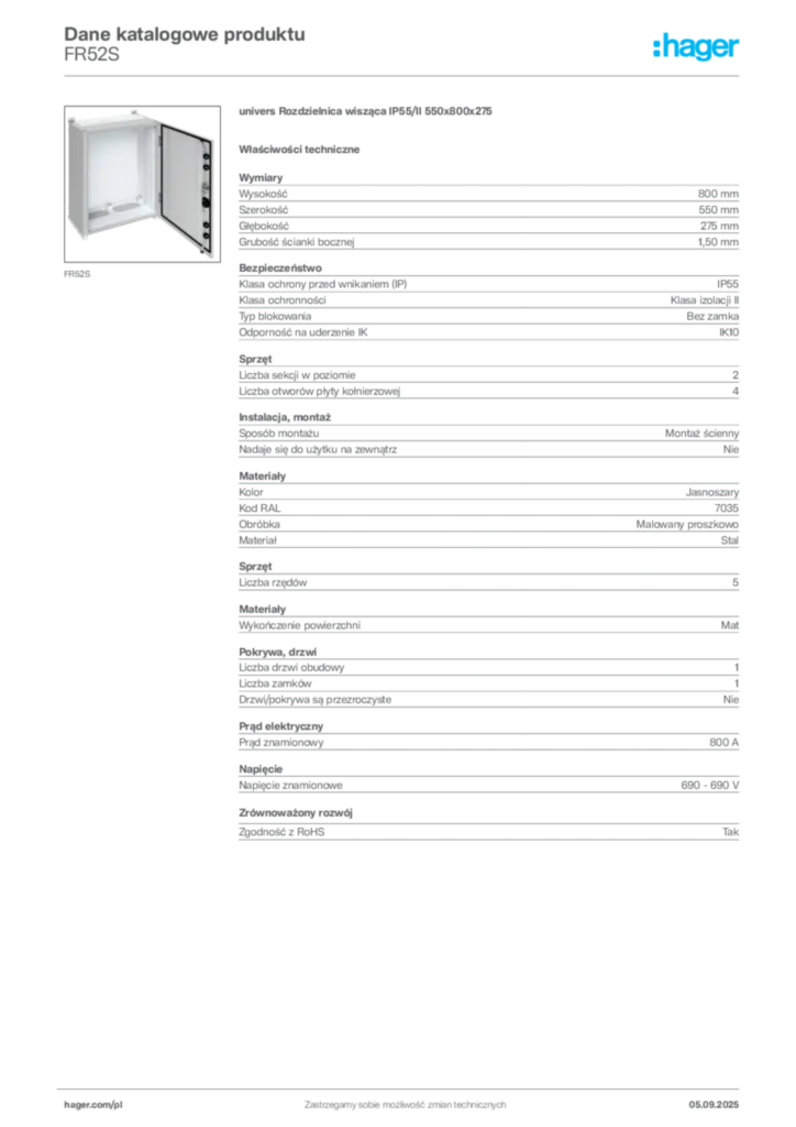 Zdjęcie Hager Dane katalogowe produktu FR52S | Hager Polska