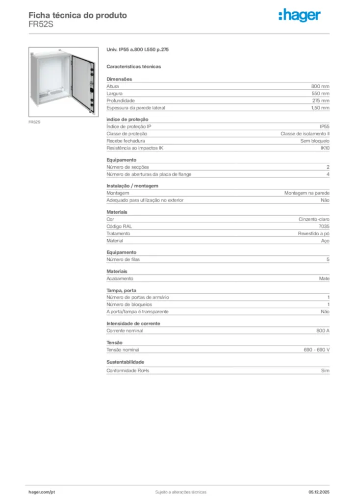 Imagem Hager Ficha técnica do produto FR52S | Hager Portugal
