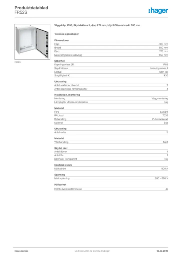 Bild Hager Produktdatablad FR52S | Hager Sverige