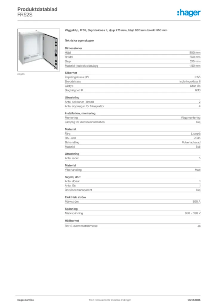 Bild Hager Produktdatablad FR52S | Hager Sverige