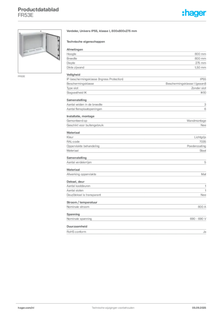 Afbeelding Hager Productdatablad FR53E | Hager Nederland