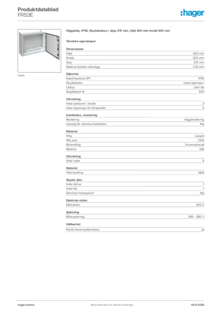 Bild Hager Produktdatablad FR53E | Hager Sverige