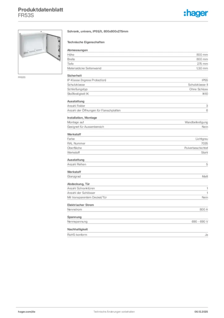 Bild Hager Produktdatenblatt FR53S | Hager Deutschland