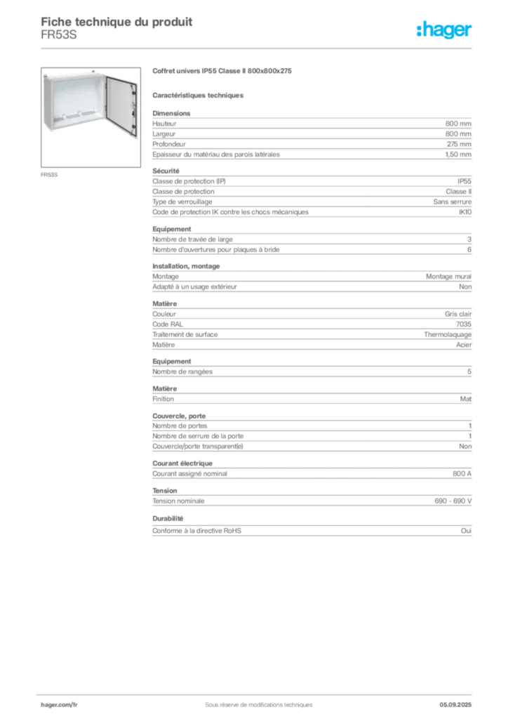 Image Hager Fiche technique du produit FR53S | Hager France