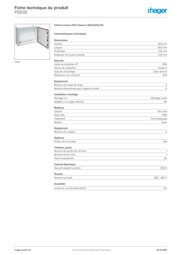 Image Hager Fiche technique du produit FR53S | Hager Belgique