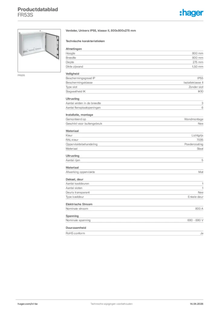 Afbeelding Hager Productdatablad FR53S | Hager Belgium