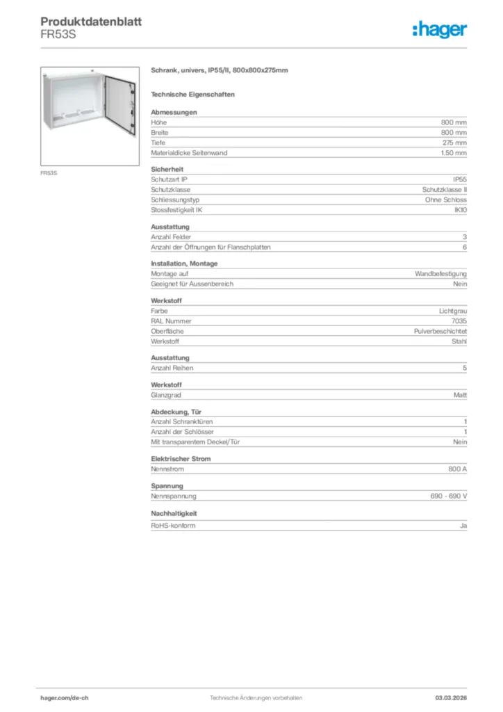 Bild Hager Produktdatenblatt FR53S | Hager Schweiz